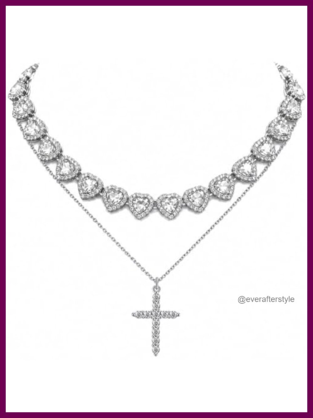 Layered Pendant Necklace Set - Cross & Heart, Silver Plated, Adjustable Chain